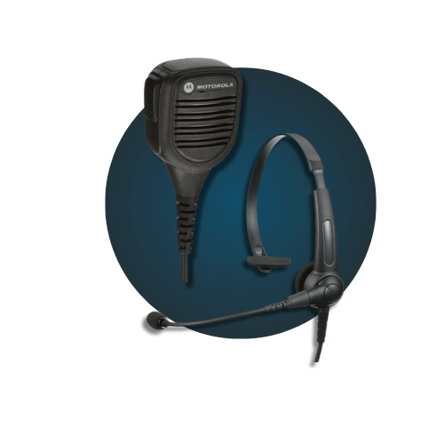 Motorola communication accessories including a speaker mic and a headset, ideal for professional use in various industries.