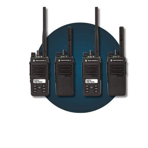 A set of four Motorola two-way radios designed for seamless group communication and enhanced connectivity